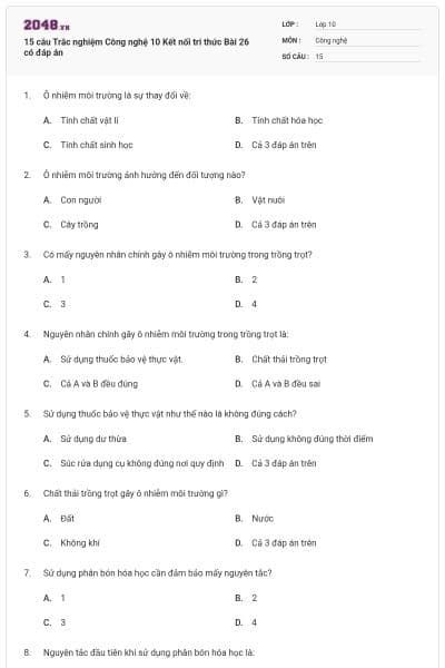 15 câu Trắc nghiệm Công nghệ 10 Kết nối tri thức Bài 26 có đáp án