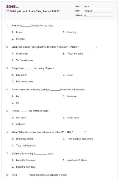 20 Đề thi giữa học kì 1 môn Tiếng Anh lớp 9 Đề 12