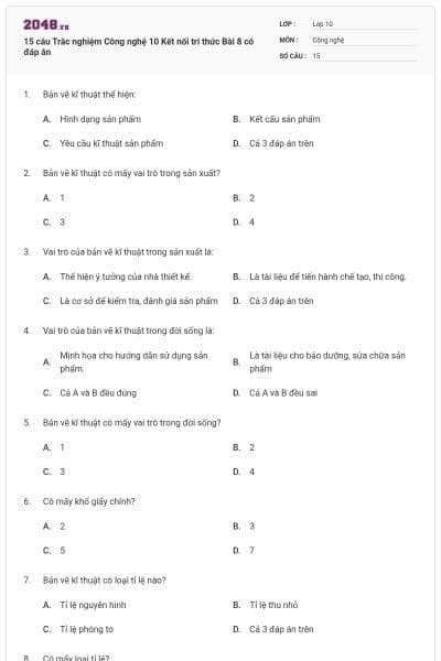15 câu Trắc nghiệm Công nghệ 10 Kết nối tri thức Bài 8 có đáp án