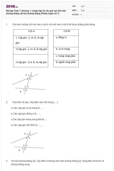 Bài tập Toán 7 chương 1: Luyện tập về các góc tạo bởi một đường thẳng cắt hai đường thẳng (Phiếu luyện số 1)