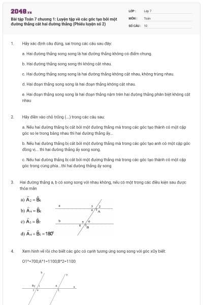 Bài tập Toán 7 chương 1: Luyện tập về các góc tạo bởi một đường thẳng cắt hai đường thẳng (Phiếu luyện số 2)