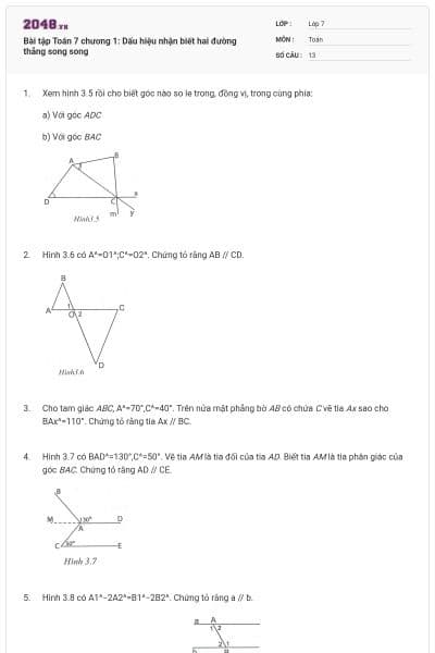 Bài tập Toán 7 chương 1: Dấu hiệu nhận biết hai đường thẳng song song