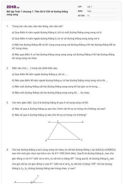 Bài tập Toán 7 chương 1: Tiên đề Ơ-Clit vể đường thẳng song song