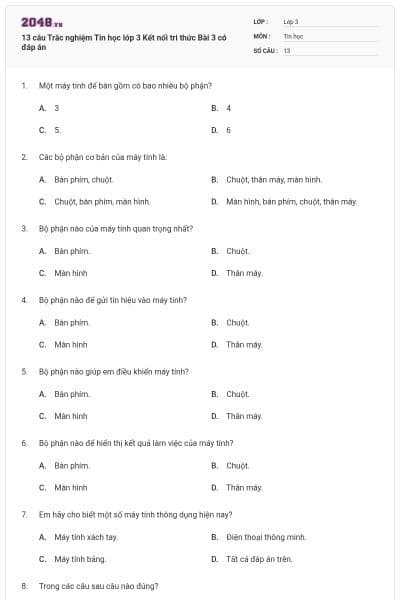 13 câu Trắc nghiệm Tin học lớp 3 Kết nối tri thức Bài 3 có đáp án