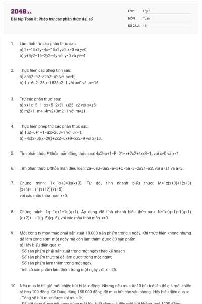 Bài tập Toán 8: Phép trừ các phân thức đại số