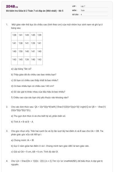 Đề kiểm tra Giữa kì 2 Toán 7 có đáp án (Mới nhất) - Đề 5