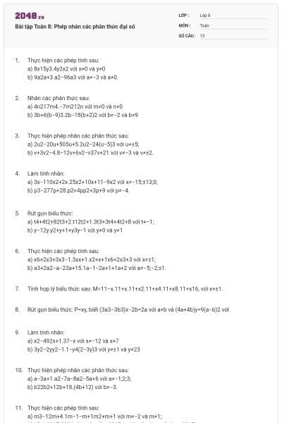 Bài tập Toán 8: Phép nhân các phân thức đại số