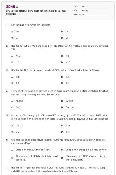270 Bài tập Kim loại kiềm, Kiềm thổ, Nhôm ôn thi Đại học có lời giải (P1)