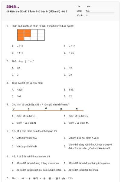 Đề kiểm tra Giữa kì 2 Toán 6 có đáp án (Mới nhất) - Đề 3