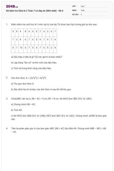 Đề kiểm tra Giữa kì 2 Toán 7 có đáp án (Mới nhất) - Đề 6