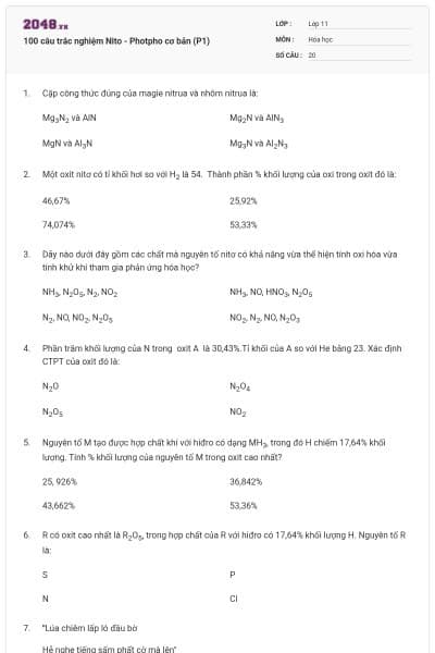 100 câu trắc nghiệm Nito - Photpho cơ bản (P1)