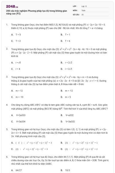 200 câu trắc nghiệm Phương pháp tọa độ trong không gian nâng cao (P2)