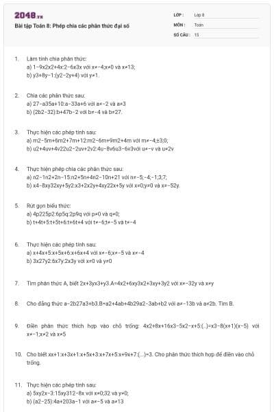 Bài tập Toán 8: Phép chia các phân thức đại số