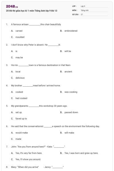 20 Đề thi giữa học kì 1 môn Tiếng Anh lớp 9 Đề 13