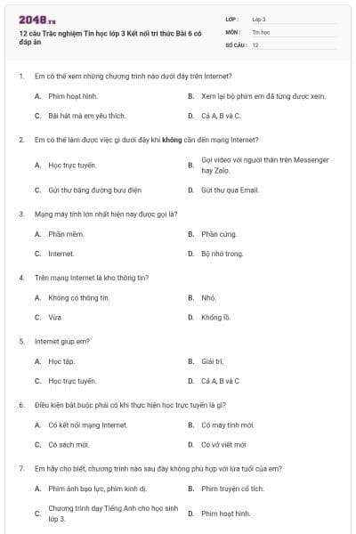 12 câu Trắc nghiệm Tin học lớp 3 Kết nối tri thức Bài 6 có đáp án