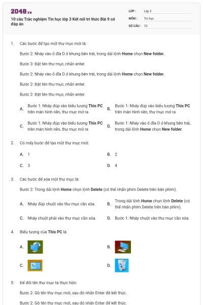 10 câu Trắc nghiệm Tin học lớp 3 Kết nối tri thức Bài 9 có đáp án