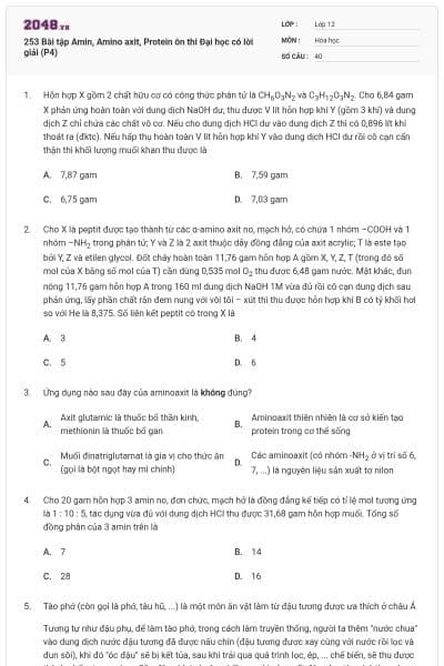 253 Bài tập Amin, Amino axit, Protein ôn thi Đại học có lời giải (P4)