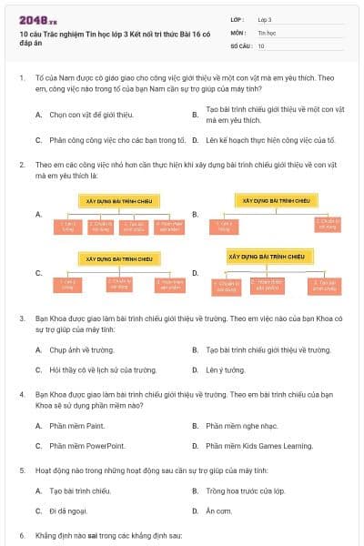 10 câu Trắc nghiệm Tin học lớp 3 Kết nối tri thức Bài 16 có đáp án