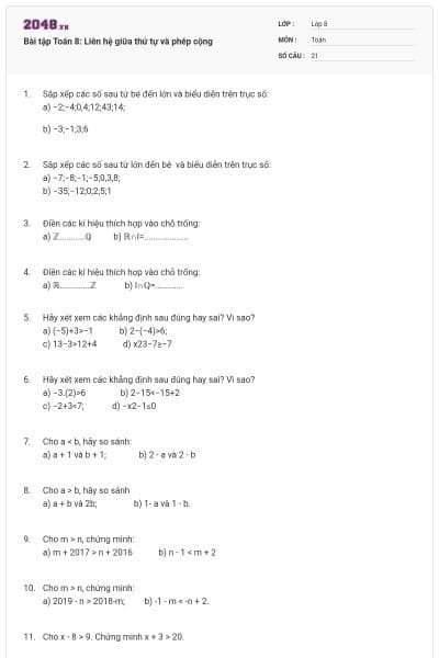 Bài tập Toán 8: Liên hệ giữa thứ tự và phép cộng