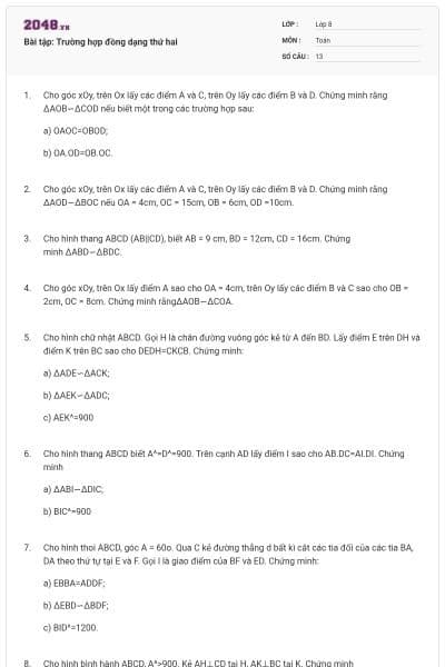 Bài tập: Trường hợp đồng dạng thứ hai