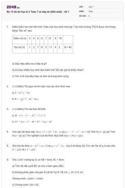 Bộ 15 đề thi Học kì 2 Toán 7 có đáp án (Mới nhất) - đề 1