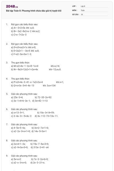 Bài tập Toán 8: Phương trình chứa dấu giá trị tuyệt đối