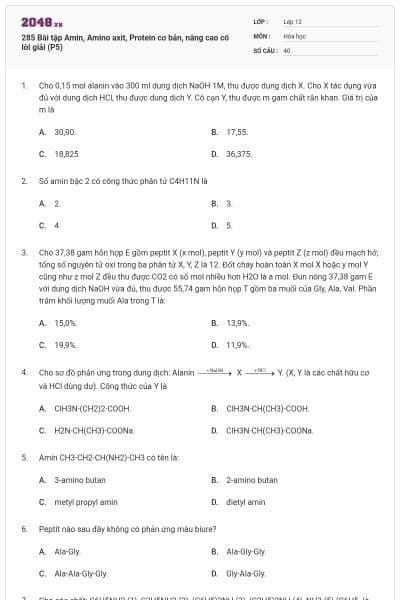 285 Bài tập Amin, Amino axit, Protein cơ bản, nâng cao có lời giải (P5)