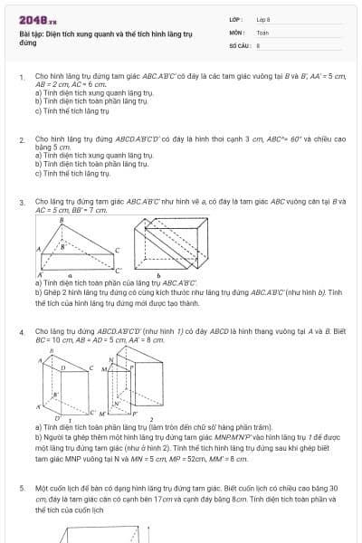 Bài tập: Diện tích xung quanh và thể tích hình lăng trụ đứng