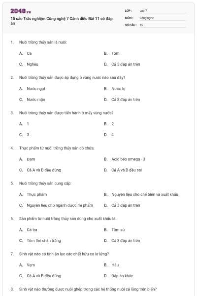 15 câu Trắc nghiệm Công nghệ 7 Cánh diều Bài 11 có đáp án