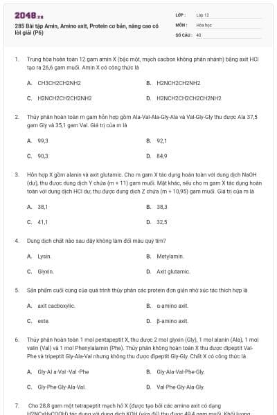 285 Bài tập Amin, Amino axit, Protein cơ bản, nâng cao có lời giải (P6)