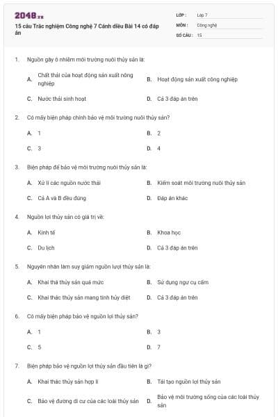 15 câu Trắc nghiệm Công nghệ 7 Cánh diều Bài 14 có đáp án