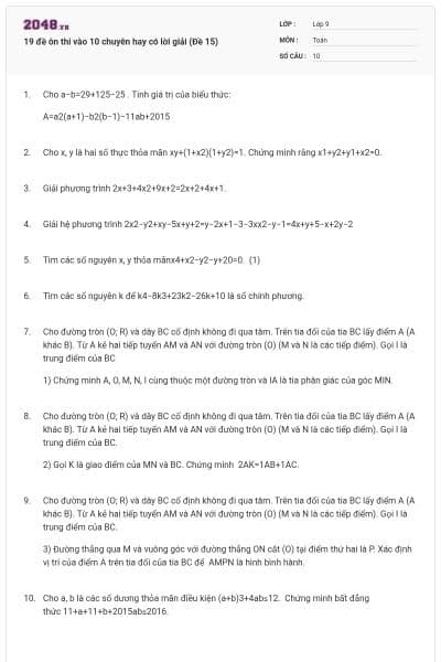 19 đề ôn thi vào 10 chuyên hay có lời giải (Đề 15)