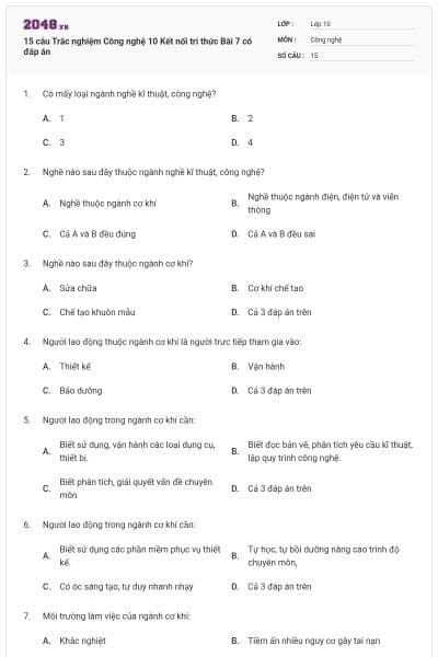 15 câu Trắc nghiệm Công nghệ 10 Kết nối tri thức Bài 7 có đáp án