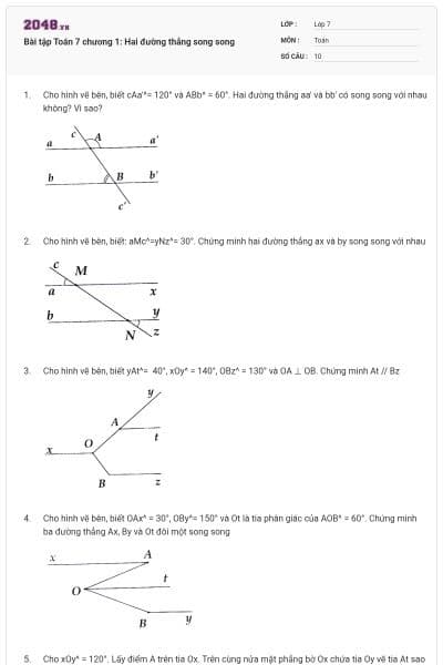 Bài tập Toán 7 chương 1: Hai đường thẳng song song