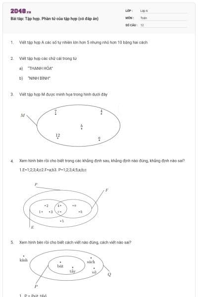 Bài tâp: Tập hợp. Phần tử của tập hợp (có đáp án)