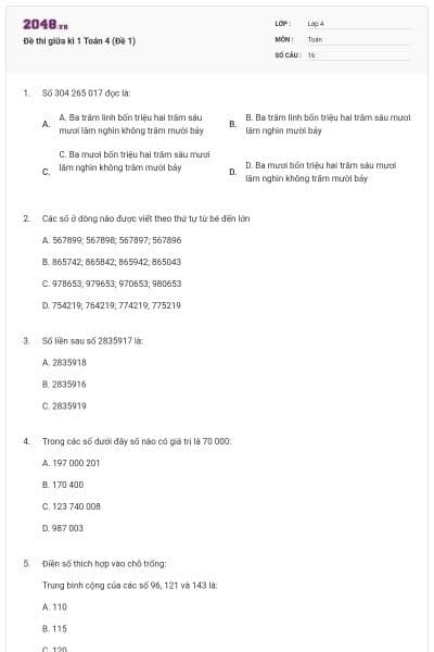 Đề thi giữa kì 1 Toán 4 (Đề 1)