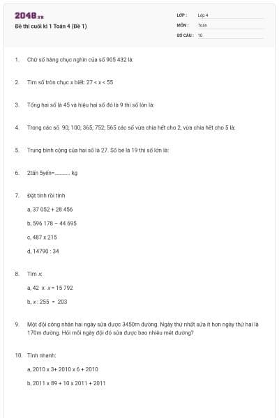 Đề thi cuối kì 1 Toán 4 (Đề 1)