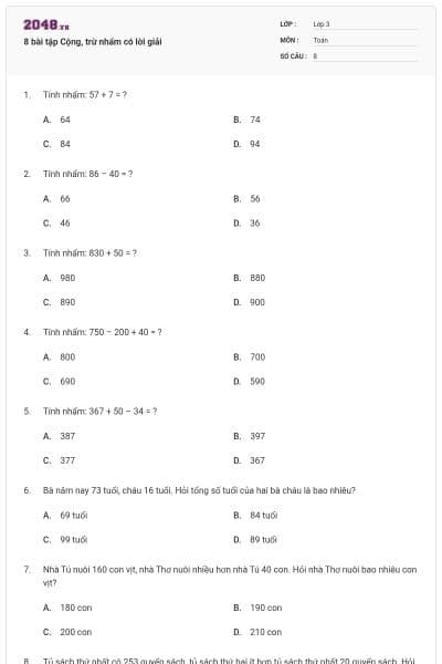 8 bài tập Cộng, trừ nhẩm có lời giải