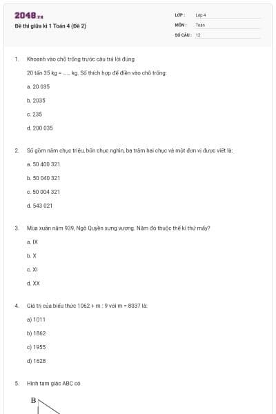 Đề thi giữa kì 1 Toán 4 (Đề 2)