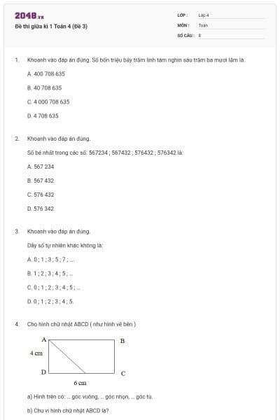 Đề thi giữa kì 1 Toán 4 (Đề 3)