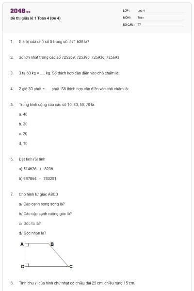 Đề thi giữa kì 1 Toán 4 (Đề 4)