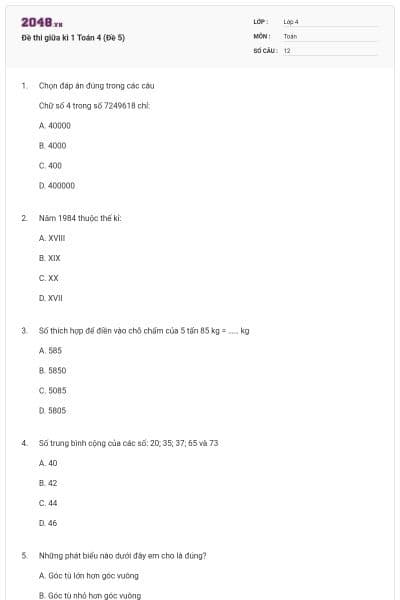 Đề thi giữa kì 1 Toán 4 (Đề 5)