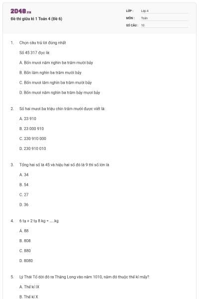 Đề thi giữa kì 1 Toán 4 (Đề 6)