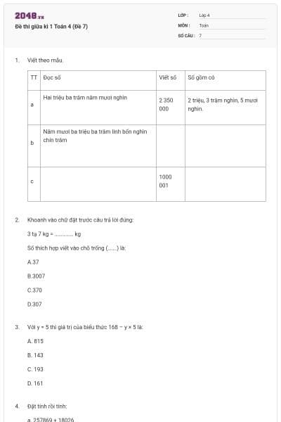 Đề thi giữa kì 1 Toán 4 (Đề 7)