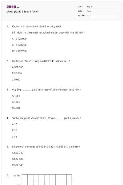 Đề thi giữa kì 1 Toán 4 (Đề 8)