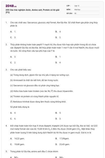 205 Câu trắc nghiệm Amin, Amino axit, Protein có lời giải (P3)