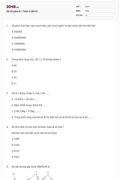 Đề thi giữa kì 1 Toán 4 (Đề 9)