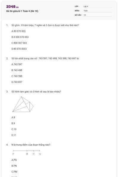 Đề thi giữa kì 1 Toán 4 (Đề 10)