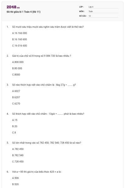Đề thi giữa kì 1 Toán 4 (Đề 11)