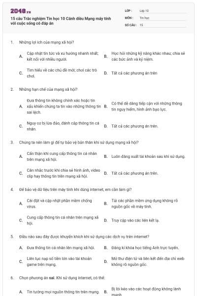 15 câu Trắc nghiệm Tin học 10 Cánh diều Mạng máy tính với cuộc sống có đáp án